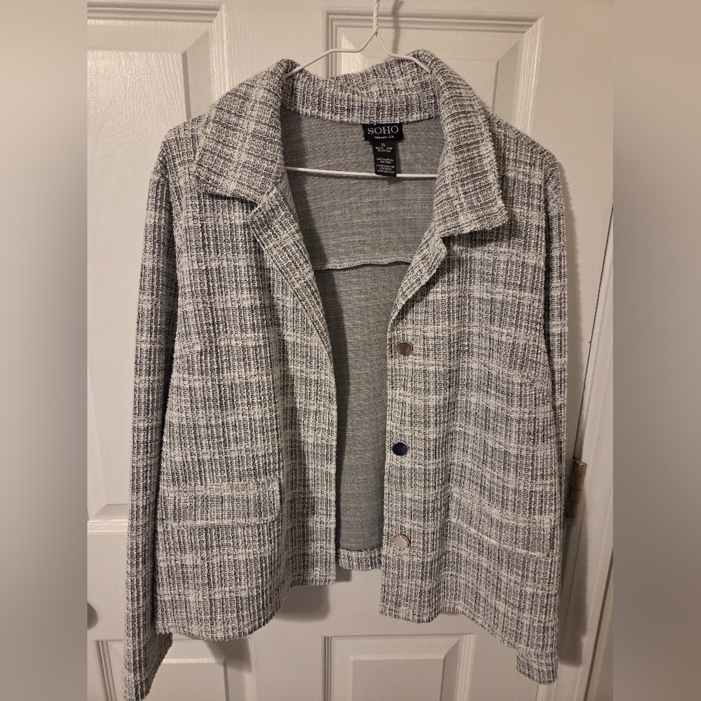 SOHO Gray & White Tweed Button-Front Blazer Jacket